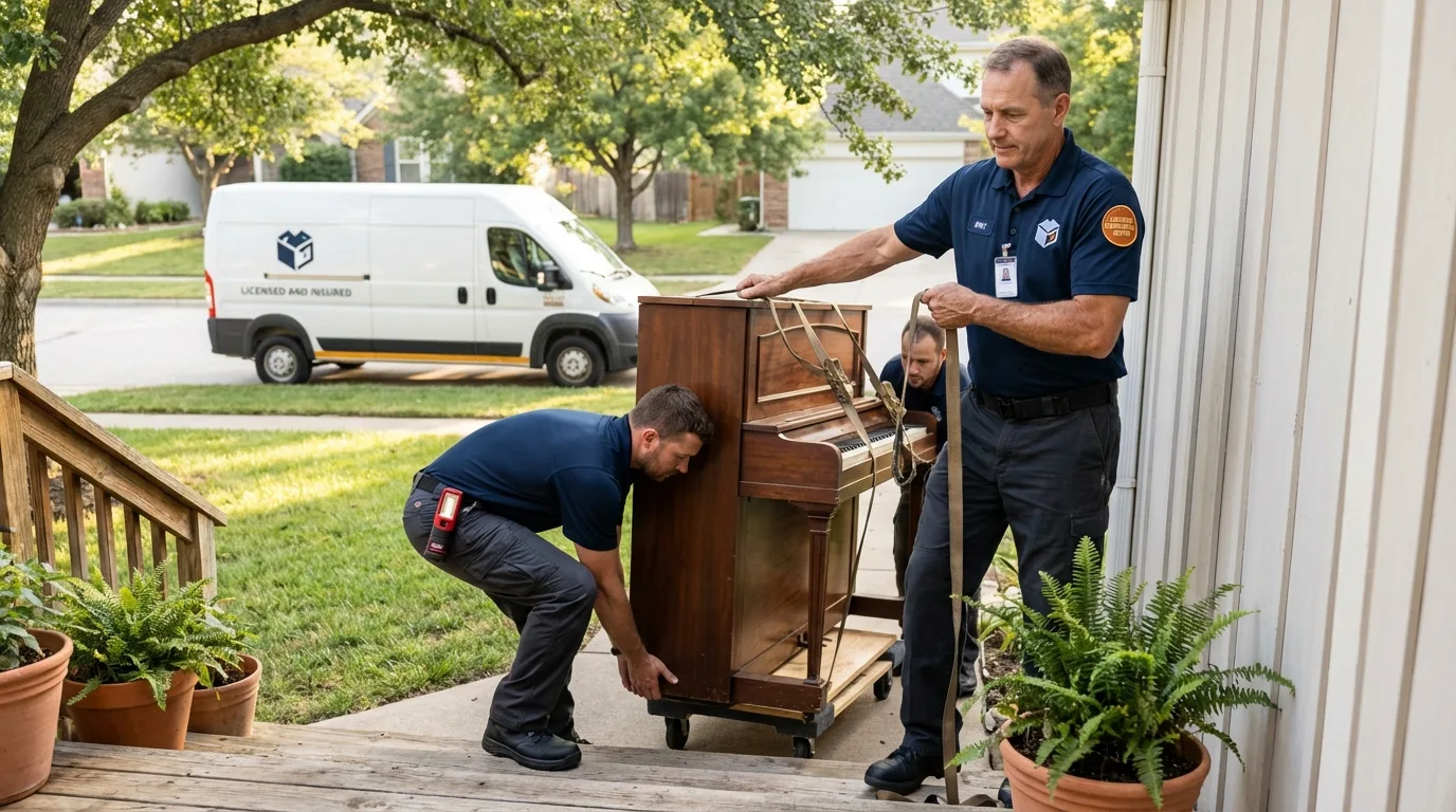 Licensed piano movers securing grand piano in Durham, NY